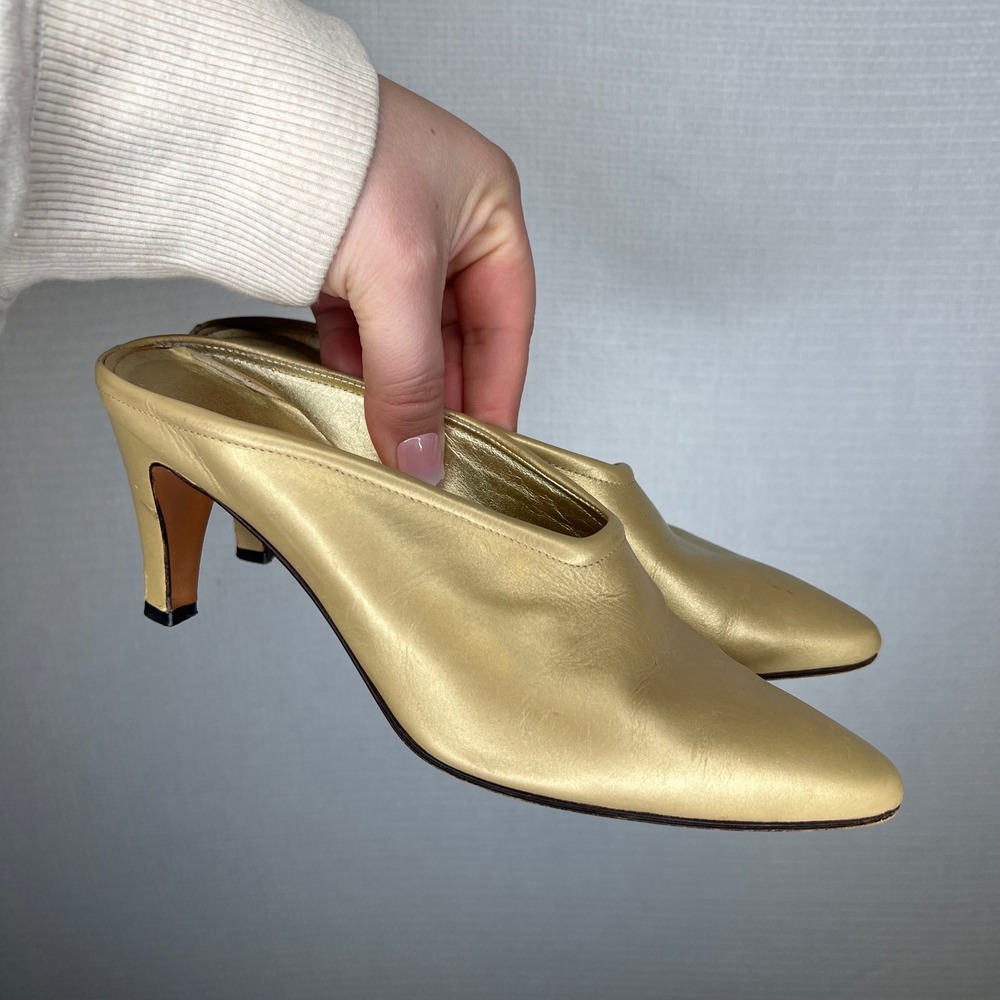 Petra‎ Gold Metallic Leather Pointed Toe Mules Made in Italy Womens 6.5 M